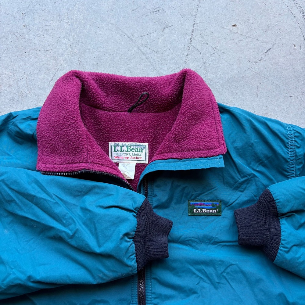 Vintage LL Bean Warm-up Jacket Teal Blue Magenta Fleece Lined Large USA Made